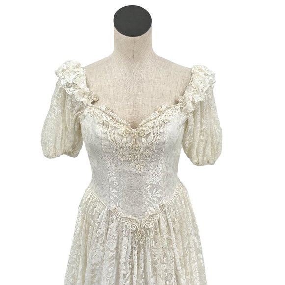 1980's Union Made Princess Ball Gown White Lace Puff Sleeve Beaded Dress - Picture 2 of 14